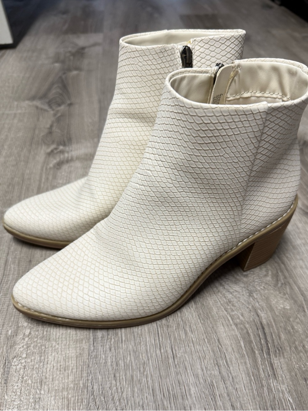 Cream Textured Ankle Booties with Block Heel